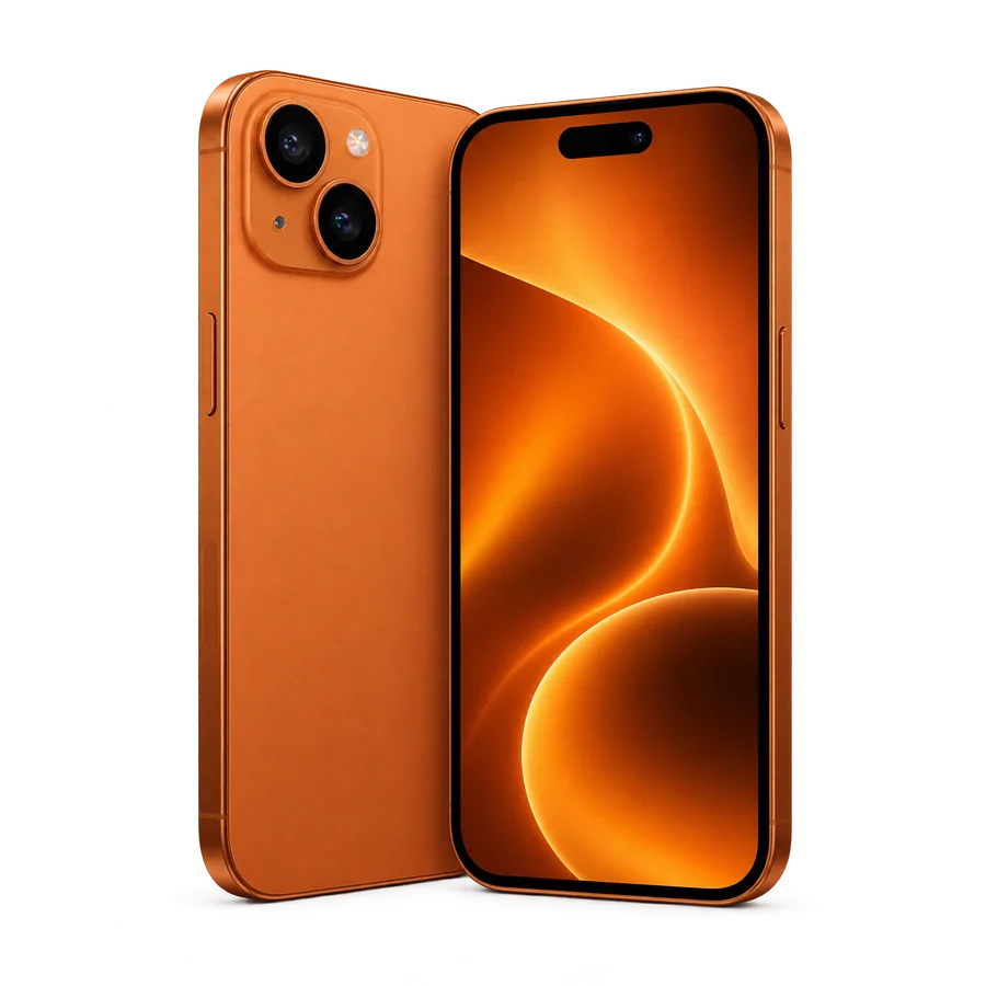 iPhone orange à deux objectifs, vues avant et arrière